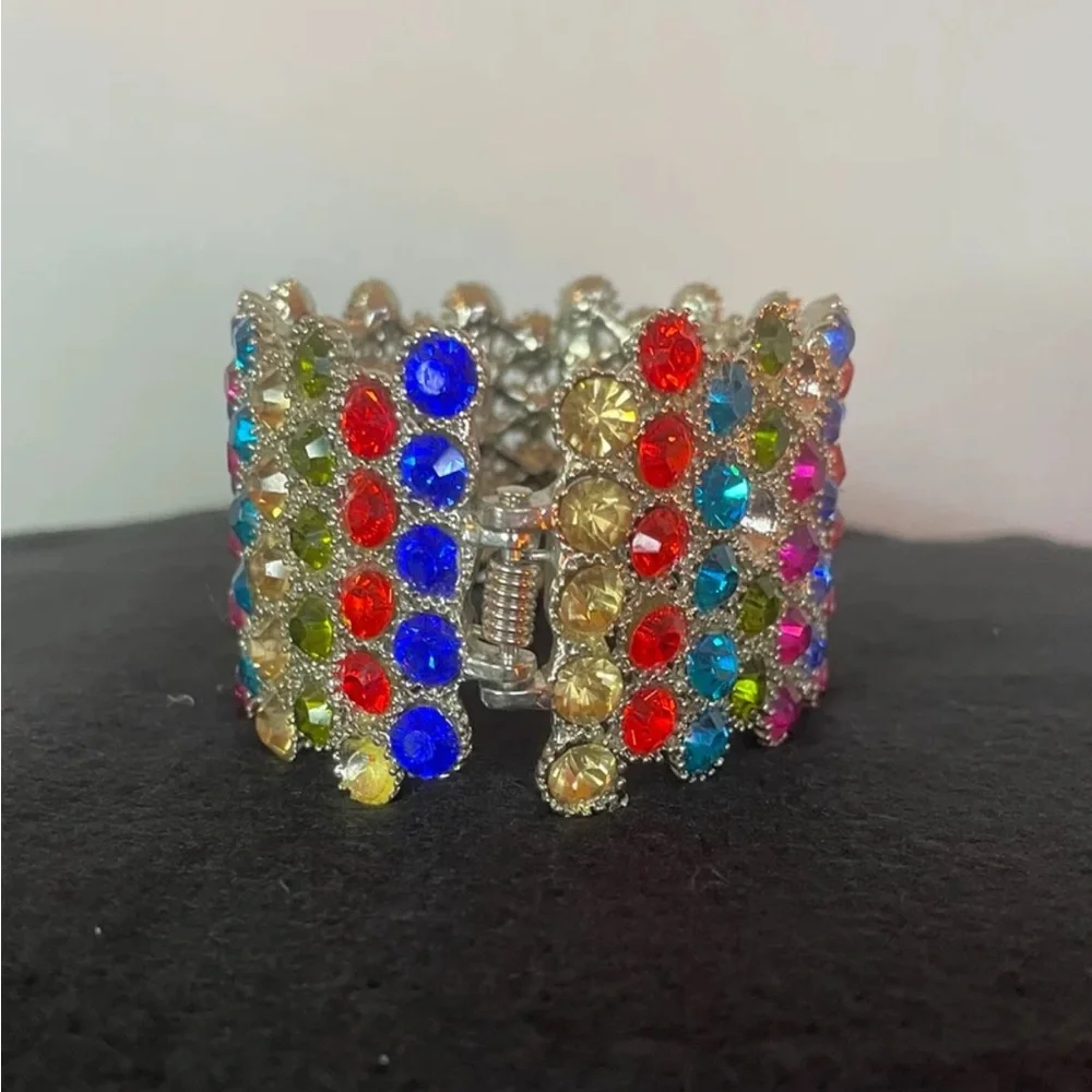 Wide Spring-Hinged Rhinestone Bangle Bracelet Muliti-Color Bling Colorful